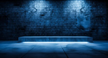 Empty Dark Blue Abstract Cement Wall And Room, Empty Stage Background. Brick Wall With Colorful Neon Lights And Smoke. Dark Abstract Background
