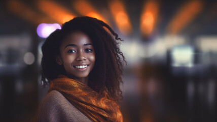 young adult woman or teenage girl, dark skin tone, smiling, african american or multiracial, in a large room or airport or hall or office, fictional