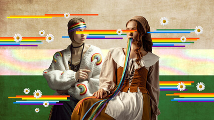 Two women, medieval persons sitting with rainbow elements meaning support of lgbt community. Contemporary art collage. Concept of eras comparison, creativity, lgbt, equality, freedom