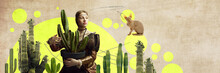 Pretty Young Girl In Elegant Retro Clothing With Cactus And Cat On Background. Contemporary Art Collage. Lady With Ermine Remake. Concept Of Eras Comparison, Creativity, Beauty, History