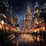 Fototapeta Londyn - illustration of a Christmas city, confetti, illuminated Christmas tree during a winter night, winter wonderland, generative ai
