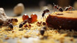Close-up of group of ants eating discarded food crumbs and sugar spillage on table