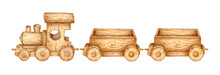 Children's Toy Wooden Train And Two Carts. Watercolor Illustration Of Transport For Small Children On An Isolated Background. Drawing Of A Toy Train For Children's Design.
