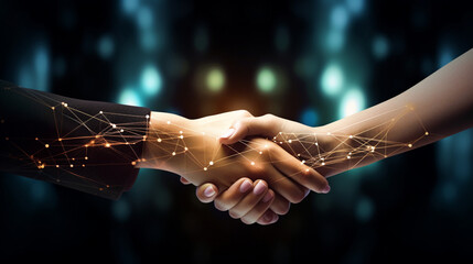 Embracing the Concept of Empowering Business Connections in the Era of Technological Advancement: Two Strong-Willed Businesswomen, Dressed in Elegant Suits, Firmly Shake Hands, Symbolizing Trust and C