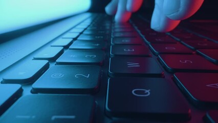 Wall Mural - close up of hands typing and coding on laptop keyboard. digital innovation protection technology. fu
