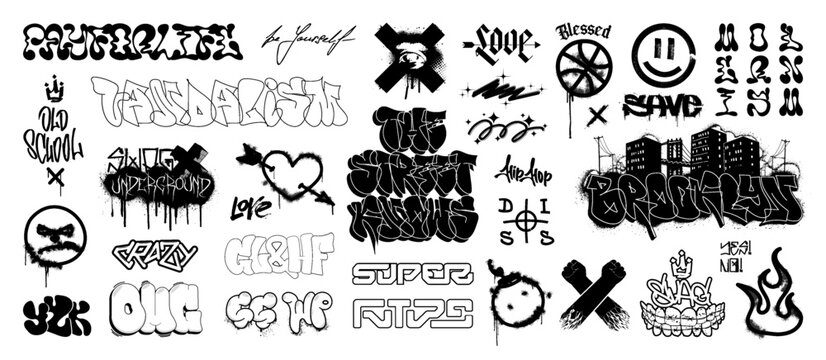 Wall Mural -  - Street art graffiti with effect spray. Urban culture lettering, graffiti, tags, calligraphy. Symbols, drawings, tags, inscriptions and street art in hip-hop style. Vector graphic set for streetwear 