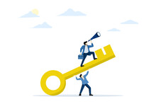 Key Concept For Success. Achieve Business Targets. Open An Organization Or Company Achievement. Corporate Vision And Mission For Success, Teamwork And The Big Golden Key. Flat Vector Illustration.