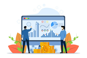 concept of financial data management, Analytics and data science with tiny people. risk management abstract vector illustration. Machine learning, metaphorical dashboard.