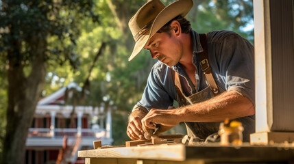 Wall Mural - A carpenter hammers nails into a wooden frame in the middle of a busy construction zone