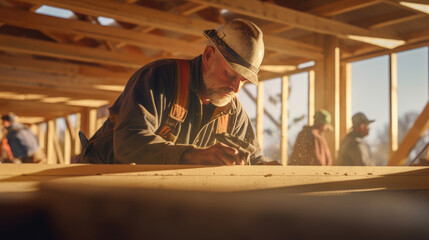 Wall Mural - A carpenter hammers nails into a wooden frame in the middle of a busy construction zone