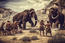 Group Of Neanderthal Cavemen Hunting A Mammoth, Stone Age Humans