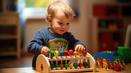 Baby boy playing with educational toy in nursery. Adorable toddler boy playing with educational wooden toy at home, smiling, sitting on carpet