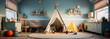 Panoramic picture of a crib in a cozy baby room, an empty children's playroom with tent and toy railway,