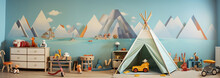 Panoramic Picture Of A Crib In A Cozy Baby Room, An Empty Children's Playroom With Tent And Toy Railway,