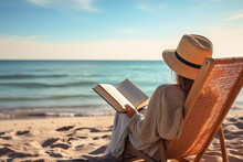 An Image Of A Woman Reading A Book On A Beach - Generative AI