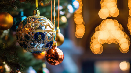 Wall Mural - A close-up of the dazzling Christmas tree ornaments, each one reflecting the soft glow of fairy lights, while colorful stockings hang nearby. A Christmas tree with a star and red ornaments