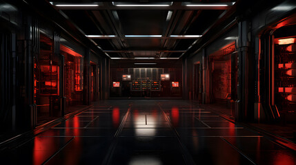 Server room interior in data center in red light. Modern storage network and internet telecommunication technology, big data storage and cloud computing computer service.