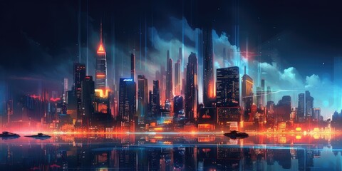 Wall Mural - city skyline cyberpunk neon on dark background. beautiful generative ai aig32