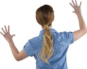 Sticker - Digital png photo of back view of woman standing with hands raising up on transparent background