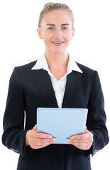 Poster - Digital png photo of caucasian woman using tablet on transparent background