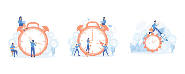 Time management. Organization of process, quick reaction awakening, set flat vector modern illustration