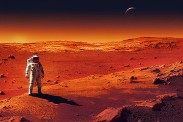 Wall Mural - Ravishing digital illustration of Mars landscape feature with red surface and mountain with astronaut. Space exploration and martian on red planet concept by generative AI.