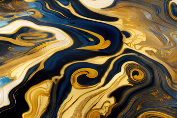 Poster - Blue and golden acrylic liquid ink swirl abstract background with ravishing turbulence wavy pattern and detailed texture. Luxury fluid liquid art by Generative AI.