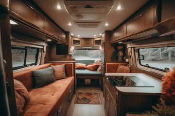 Stylish Interior of motor home camping car, furnishing decor of salon area, comfortable modern caravan house design. Relaxation areas for road travel. Travelling entertainment concept. Generative AI