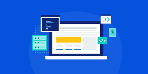 Stack development, web software application programming, coding on window, website design layout on laptop screen, user interface conceptual vector illustration. 