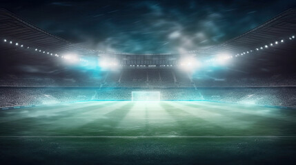 Wall Mural - Soccer arena. Realistic european football stadium with grass field, lights and spotlights. Banner sport