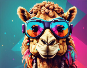 A frontal face of a camel wearing goggles logo, icon, low poly, illustration, closeup, portrait, colorful hair, permed long hair