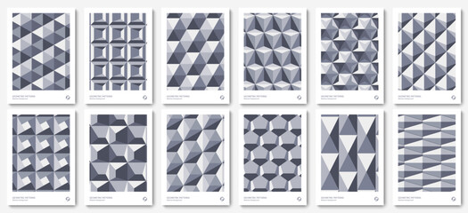 Big set Isometric geometric patterns gray cubes. Endless cubic background, seamless texture, vector illustration	