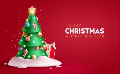 Wall Mural - Christmas pine tree vector design. Merry christmas and happy new year text with pine tree and xmas lights decoration elements. Vector illustration for seasonal greeting card background.
