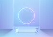 © Riseness - 3D background with blue hologram round podium pedestal and circle glow neon, Vertical pattern wall scene. Abstract composition in minimal design. Platforms product display presentation. Stage showcase