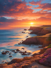 sunset over coastline vibrant colors