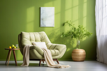Wall Mural - Modern Green Interior with Comfortable Chair and Plant Decoration