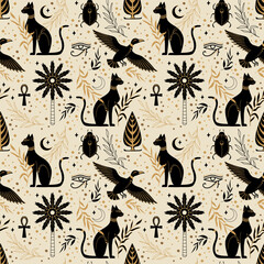 Ancient Egypt cat, duck, symbol. Vector illustration. Seamless pattern