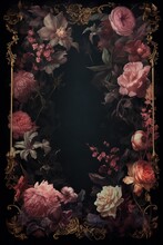 Vintage Floral Frame With Flowers And Leaves On A Black Background.Generative Ai