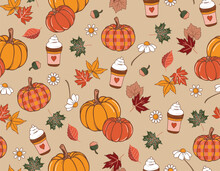 Fall/ Autumn Vibe With 70s Groovy Hippie Retro  Pumpkin Seamless Pattern.