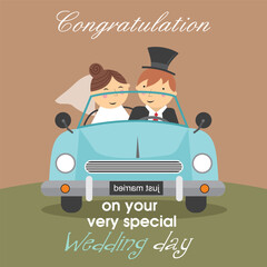 Wall Mural - happy wedding day with the bride and groom in the car