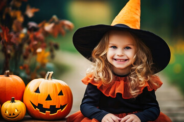 Wall Mural - Happy little child girl in witch costumes and makeup having fun on Halloween celebration.