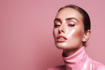 Fashion editorial Concept. Closeup portrait of stunning pretty woman with chiseled features, pink makeup. illuminated with dynamic composition and dramatic lighting. copy text space
