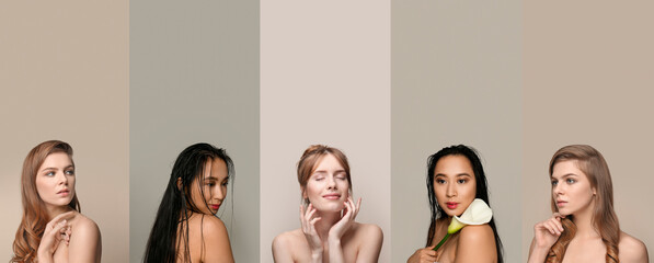 Wall Mural - Collage of beautiful young women with healthy skin on grey background