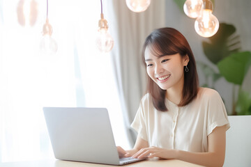 Wall Mural - A Smiling Asian Woman working with her laptop in front of light cream background. generative AI.