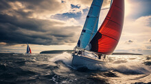 A Regatta Of Sailboats Racing Against Each Other, Creating A Vibrant And Dynamic Scene Generative AI