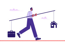 Man Walking On A Tightrope With Work And Life Balance. Balancing Work And Life Concept 