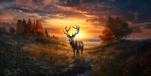 A Large Deer Walking In Sunset Photorealistic Nature Wallpaper .Generative Ai Content