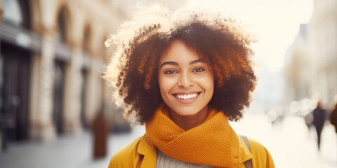 Wall Mural - Portrait of happy young African American woman outdoors with copy space