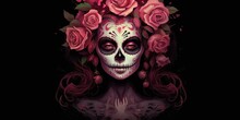 AI Generated. AI Generative. Muertos Mexican Latin Day Of The Dead Holiday Carnival Woman Make Up Sugar Skull Face. Beautiful Woman With Halloween Makeup