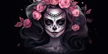 AI Generated. AI Generative. Muertos Mexican Latin Day Of The Dead Holiday Carnival Woman Make Up Sugar Skull Face. Beautiful Woman With Halloween Makeup